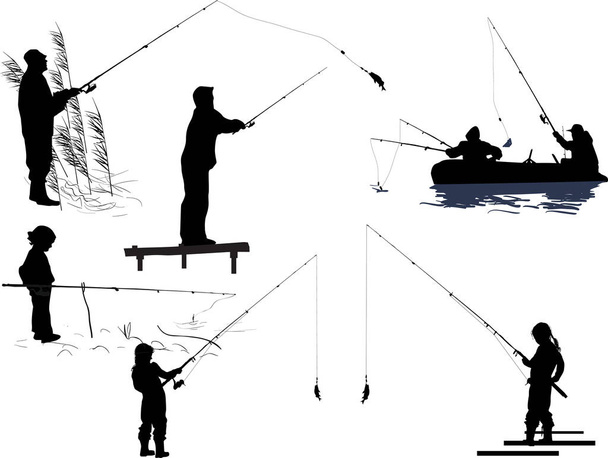 illustrazione con sette sagome di pescatori isolate su sfondo bianco
 - Vettoriali, immagini