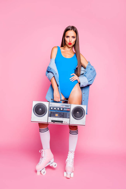 Old-school people person glamour leisure lifestyle concept. Vertical full length size studio photo portrait of beautiful brunette hair girl holding tape cassette radio isolated color bright background - Фото, изображение
