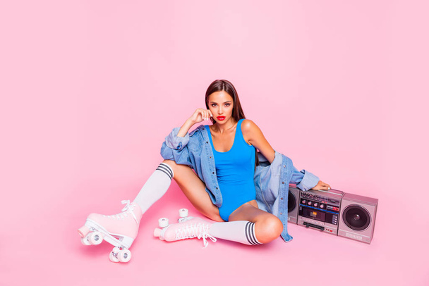 Full size length photo portrait of pretty cute tempting seductive charming nice lady holding using boombox isolated pastel background - Фото, зображення