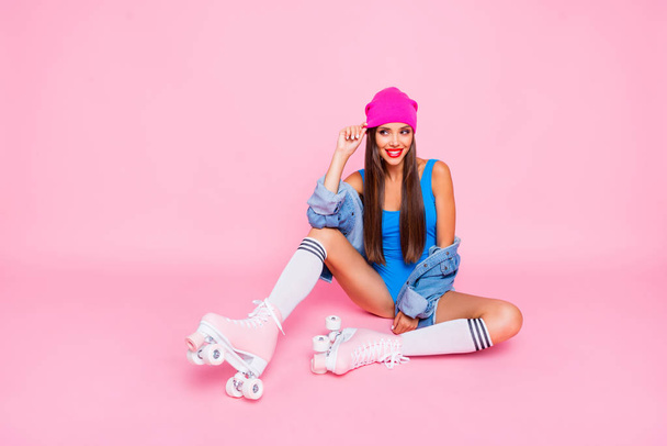 Attractive person people concept. Full length size photo portrait of pretty cute lovely charming lady resting sitting relaxing on floor isolated pastel background - Φωτογραφία, εικόνα