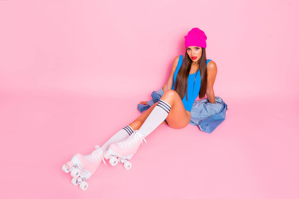 People person lifestyle studio shooting concept. Photo portrait of pretty lovely girl wearing luxurious classy chic outfit clothing sitting on floor isolated bright vivid tanned pastel background - Foto, Imagen