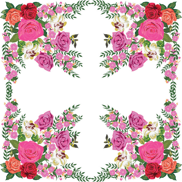 ilustración con marco de flores rosadas aisladas sobre fondo blanco
 - Vector, Imagen