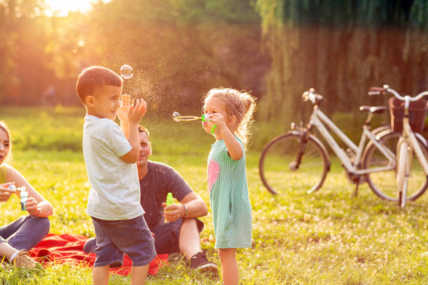Familienzeit - glückliche süße Kinder jagen Blasen in der Natur - Foto, Bild