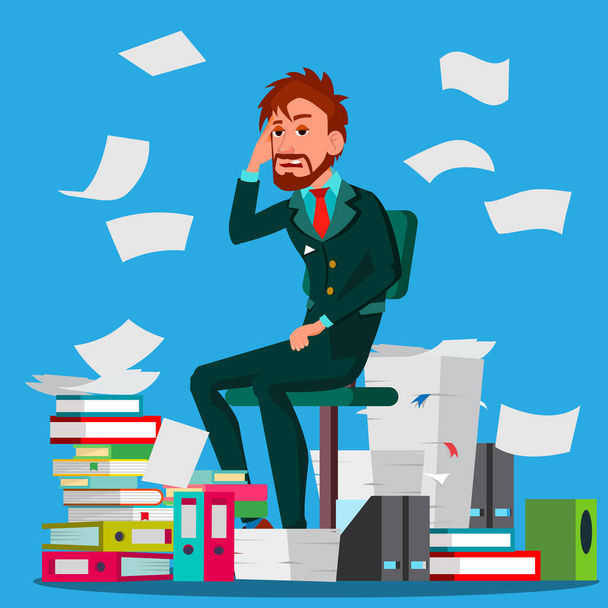 Businessman Doing Paperwork Vector. Office Worker. Emotional Stress. Large Stacks Of Folders. Cluttered Documentation. Flat Cartoon Illustration - Vector, Image