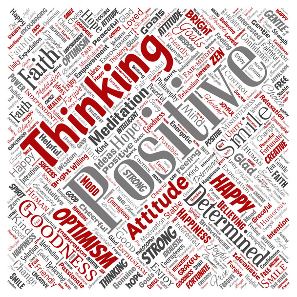 konzeptionelles positives Denken, glücklich, stark, Haltung quadratisch rote Wortwolke - Vektor, Bild