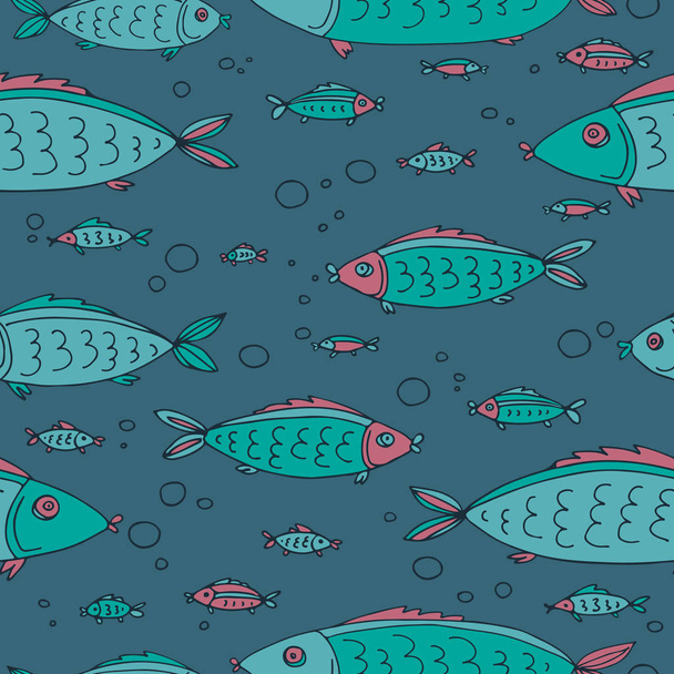 Cute fish seamless pattern. Design element for gift wrap, textile print or home decor. Hand drawn style. - Vetor, Imagem