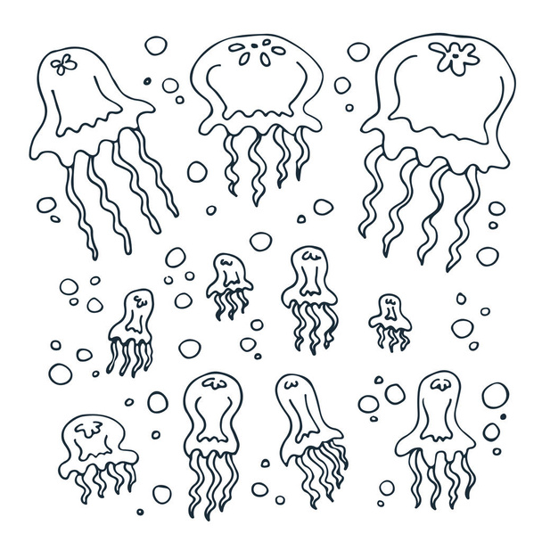 Милі медузи ізольовані на білому тлі. Дизайнерський елемент для подарункової обгортки, текстильного друку або домашнього декору. Стиль, намальований вручну
. - Вектор, зображення