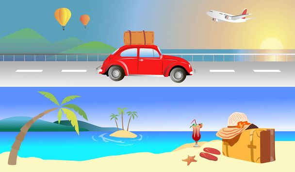 viaje playa mar coche cóctel avión verano naturaleza
 - Vector, Imagen