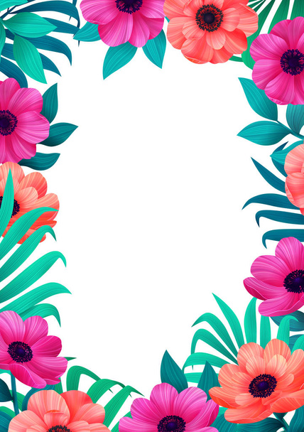 Floral frame. Tropical flowers trendy template. Vertical Design with beautiful flowers and palm leaves with copy space on white background. Vector digital illustration. - Vector, imagen