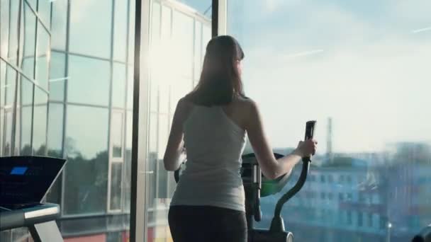 Attractive sports girl engaged in a stylish gym in front of the window - Video