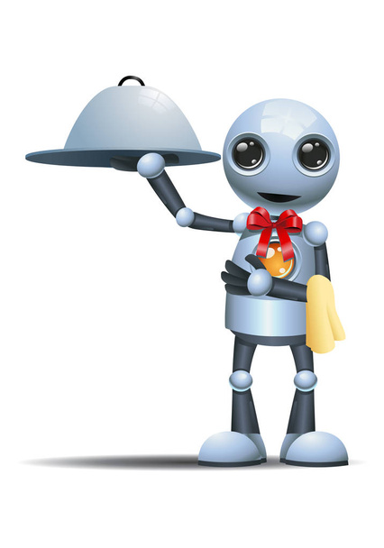 illustration of a happy little robot servant hold metal tray on isolated white background - Photo, Image
