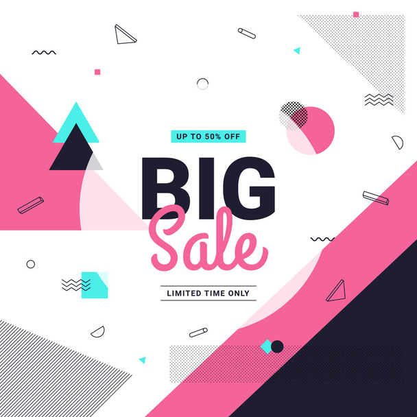 Big sale banner Memphis style with geometric shapes. Sale background template. Vector illustration - Вектор,изображение