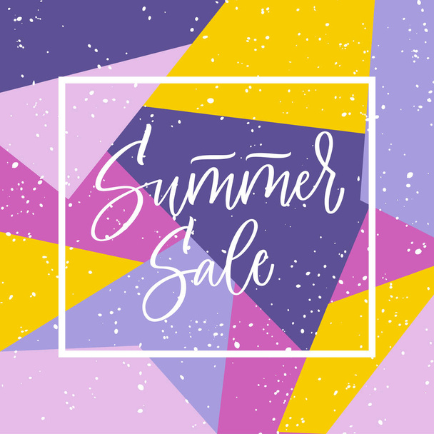 Summer sale hand lettering in the frame on bright background in violet and yellow colors. Vector artistic calligraphy. - Vetor, Imagem