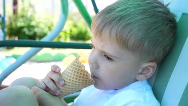 Ένα μικρό αγόρι κάθεται σε μια ταλάντευση στο πάρκο και τρώει παγωτό με ευχαρίστηση. Ζεστή καλοκαιρινή μέρα, κρύο γλυκό επιδόρπιο - Πλάνα, βίντεο