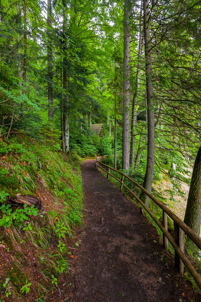 Uma trilha de terra na borda da encosta, cercada com trilhos de madeira
 - Foto, Imagem