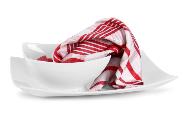 kitchen towels with dishes on white background - Photo, Image
