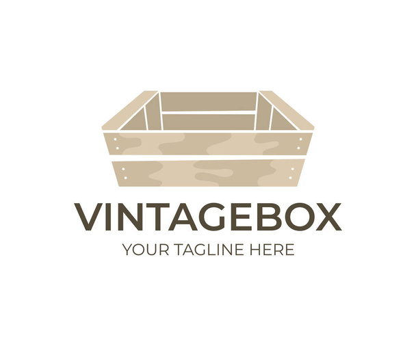 Ξύλινα vintage και παλιό κουτί, λογότυπο του σχεδιασμού. Τα ξύλινα κιβώτια για μεταφορά και αποθήκευση τροφίμων, φρούτων, λαχανικών και ποτό, φορέα σχεδιασμού. Ξύλινα απόβαρο για αποθήκευση και αποστολή, εικονογράφηση - Διάνυσμα, εικόνα