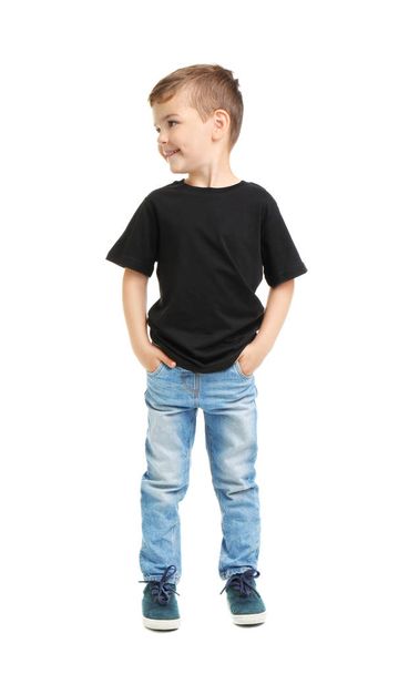 Little boy in t-shirt on white background. Mockup for design - Foto, Imagen