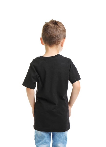 Little boy in t-shirt on white background. Mockup for design - Фото, изображение