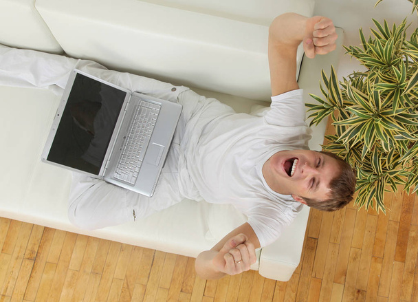 Young man celebrating on sofa while using computer - Fotoğraf, Görsel