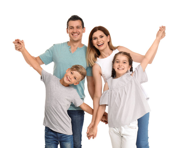 白い背景の子供を持つ幸せな家族 - 写真・画像