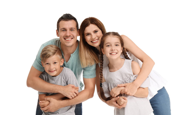 白い背景の子供を持つ幸せな家族 - 写真・画像