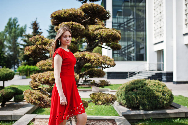 Teenage girl in red dress posed outdoor at sunny day. - Foto, Imagem