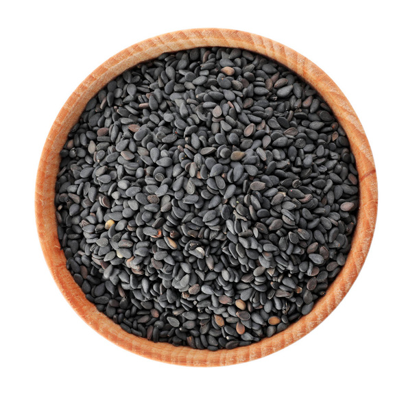 Bowl with black sesame on white background, top view. Different spices - Photo, Image