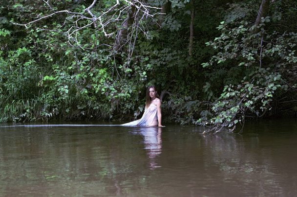 growth portrait of a girl in a white dress standing in  river - Foto, Imagem