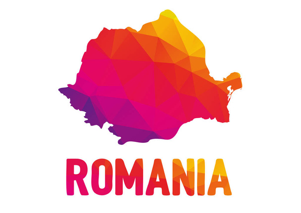 Niskie wielokątne mapie Rumunii (Rumunia) znak Rumunii, zarówno w ciepłe kolory, czerwony, fioletowy, pomarańczowy i żółty; suwerenne Państwo w wschodniej lub południowo-wschodniej Europie - Wektor, obraz