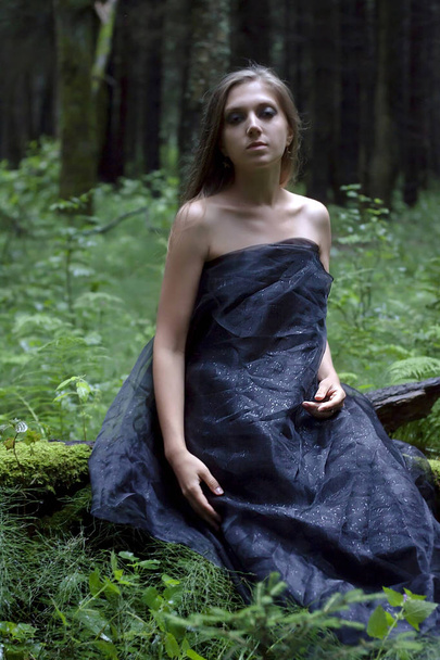 girl sitting in the forest in a black dress on a log - Fotoğraf, Görsel
