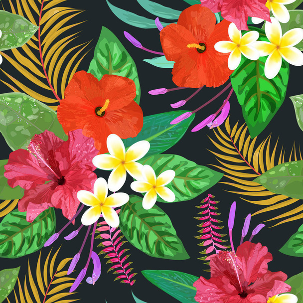 Tropical leaves and flowers seamless pattern colorful isolated h - Vector, afbeelding