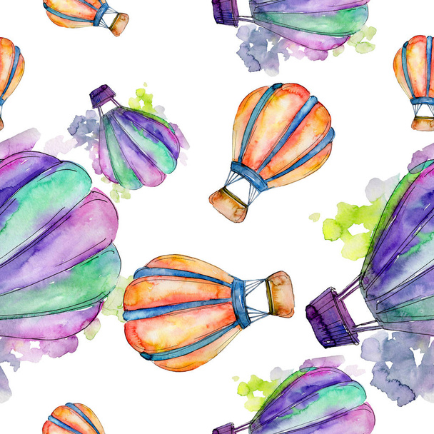 Hot air balloon background fly air transport illustration. Seamless background pattern. Fabric wallpaper print texture. - Photo, image
