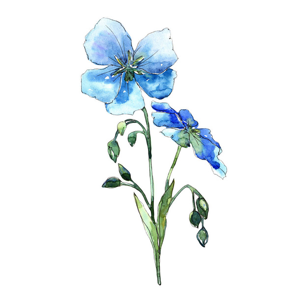 青い亜麻の花。花植物の花。孤立した図の要素。背景、テクスチャ、ラッパー パターン、フレームや境界線の aquarelle ワイルドフラワー. - 写真・画像