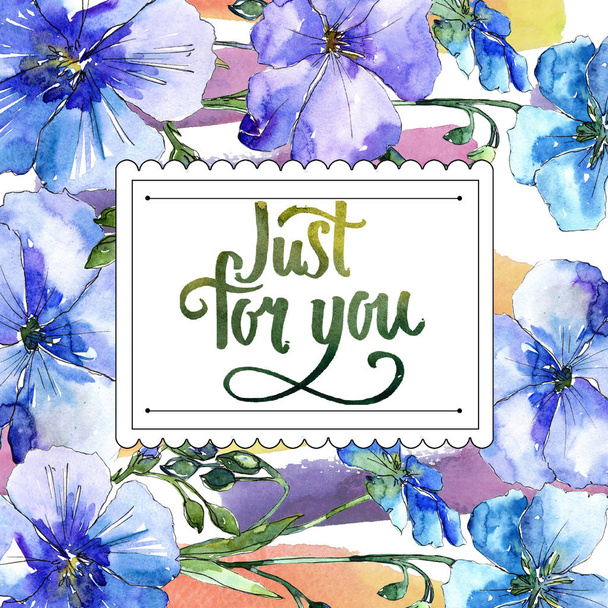 青い亜麻の花。花植物の花。フレーム枠飾りスクエア。背景、テクスチャ、ラッパー パターン、フレームや境界線の aquarelle ワイルドフラワー. - 写真・画像
