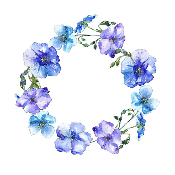青い亜麻の花。花植物の花。フレーム枠飾りスクエア。背景、テクスチャ、ラッパー パターン、フレームや境界線の aquarelle ワイルドフラワー. - 写真・画像
