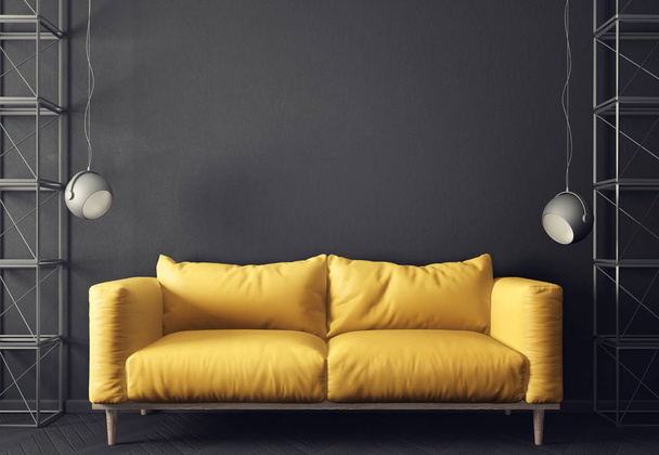 modern living room with yellow sofa and lamp, scandinavian interior design furniture - Fotó, kép