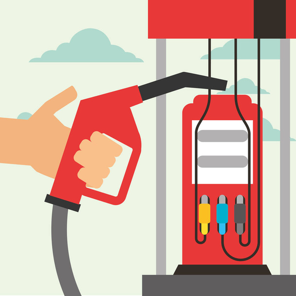 hand met pomp station gas olie-industrie - Vector, afbeelding