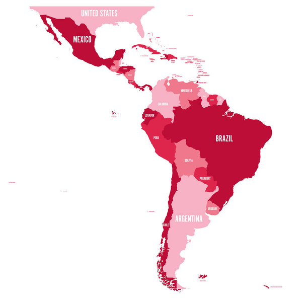 Політична мапа Латинської Америки. Простий вектор плоскої карту з країни ім'я етикетки в чотирьох відтінками бордового - Вектор, зображення