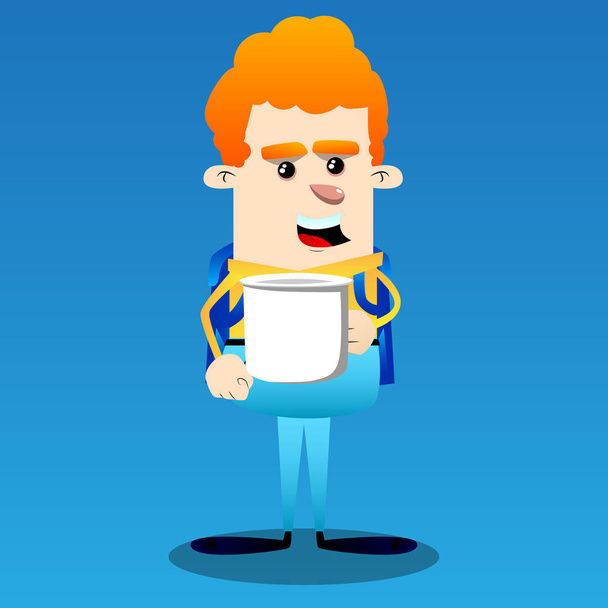 Schoolboy holding big mug. Vector cartoon character illustration. - Vektör, Görsel