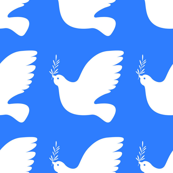 Den mezinárodní mír. Koncepce sociální dovolené. Bílá holubice s olivovou ratolestí. Vzor bezešvé. Modré pozadí - Vektor, obrázek