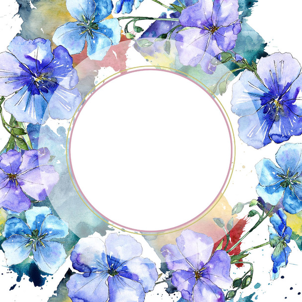Fleur de lin bleue. Fleur botanique florale. Cadre bordure ornement carré. Aquarelle fleur sauvage pour fond, texture, motif d'emballage, cadre ou bordure
. - Photo, image