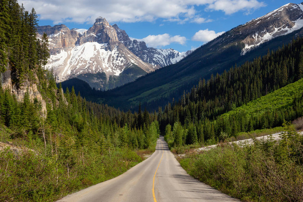 Scenic road in the Canadian Rockies during a vibrant sunny summer day. Taken in Yoho National Park, British Columbia, Canada. - Foto, immagini