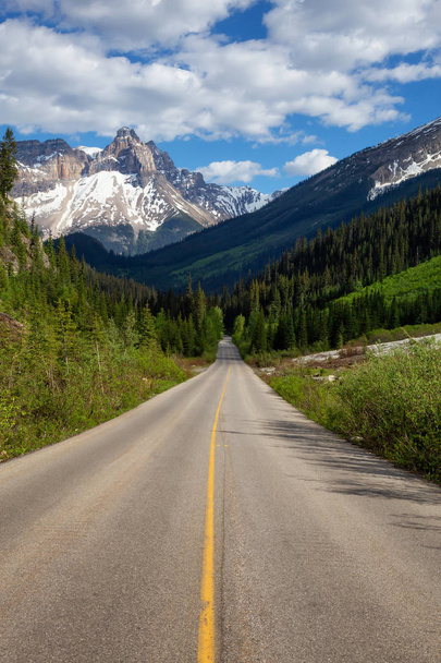 Scenic road in the Canadian Rockies during a vibrant sunny summer day. Taken in Yoho National Park, British Columbia, Canada. - Foto, imagen