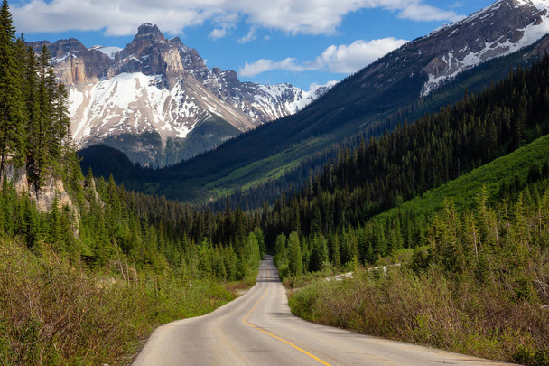Scenic road in the Canadian Rockies during a vibrant sunny summer day. Taken in Yoho National Park, British Columbia, Canada. - Foto, Imagem