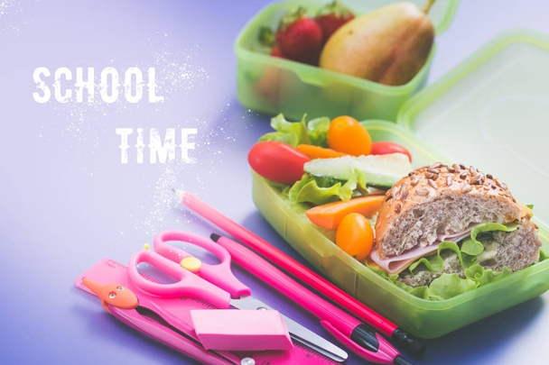 Lunch boxes with fresh breakfast. Breakfast school time concept. - Photo, Image