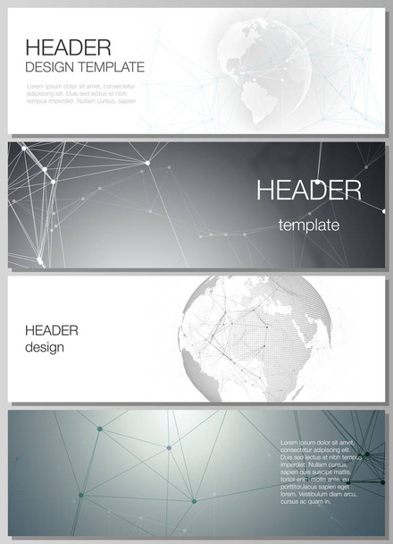 The minimalistic vector layout of headers, banner design templates. Futuristic geometric design with world globe, connecting lines and dots. Global network connections, technology digital concept. - Vector, imagen