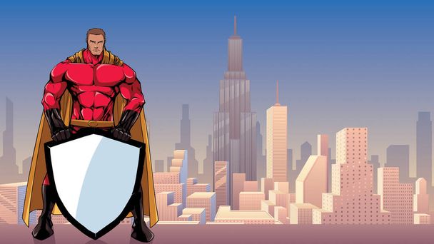 Superheld bedrijf schild in de stad - Vector, afbeelding