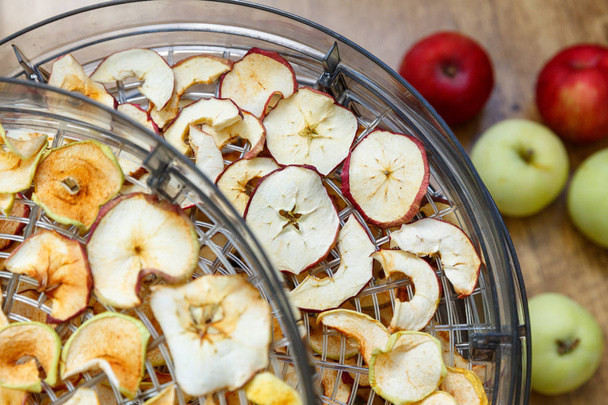 Fresh dryed apple chips prepared in a home fruit and vegetable dryer. Healthy food concept - Foto, Imagem