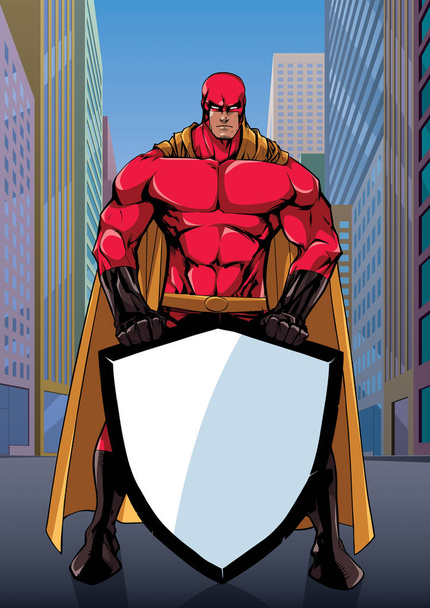 Superhero Holding Shield on Street - Vetor, Imagem